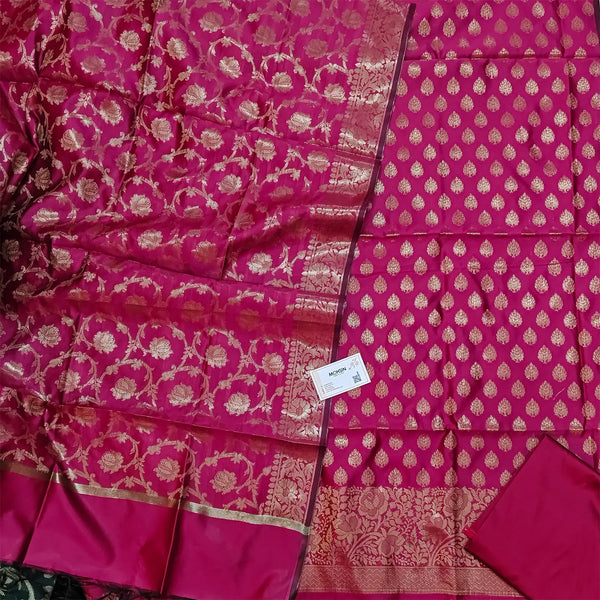 Pink Golden Zari Satin Silk Banarasi Suit