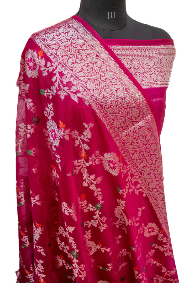 Pink Silver Zari Georgette Silk Banarasi Saree