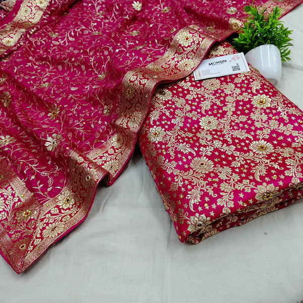 Pink Stone Work Kimkhab Silk Banarasi Gharara