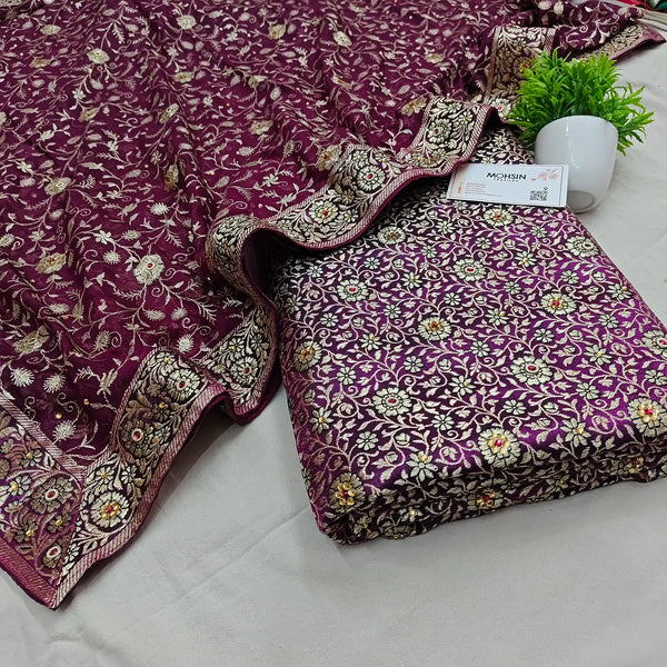 Purple Stone Work Kimkhab Silk Banarasi Gharara