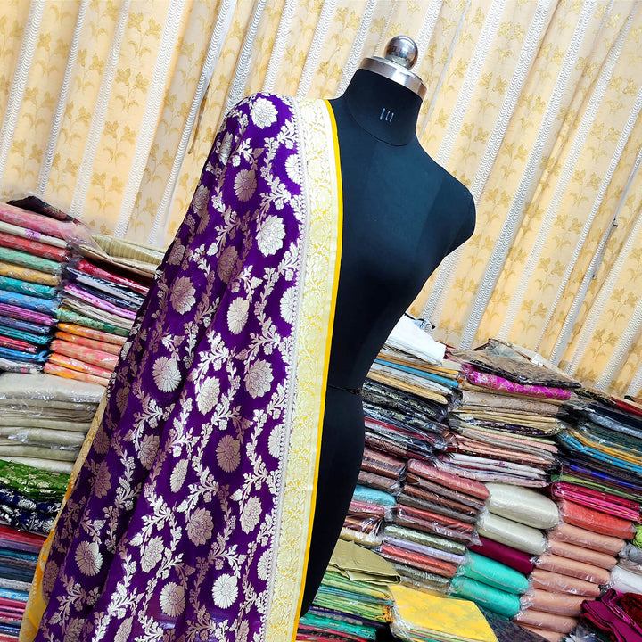 Purple and Yellow Handloom Pure Georgette Silk Banarasi Dupatta