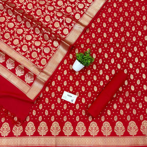 Red Golden Zari Katan Silk Banarasi Suit