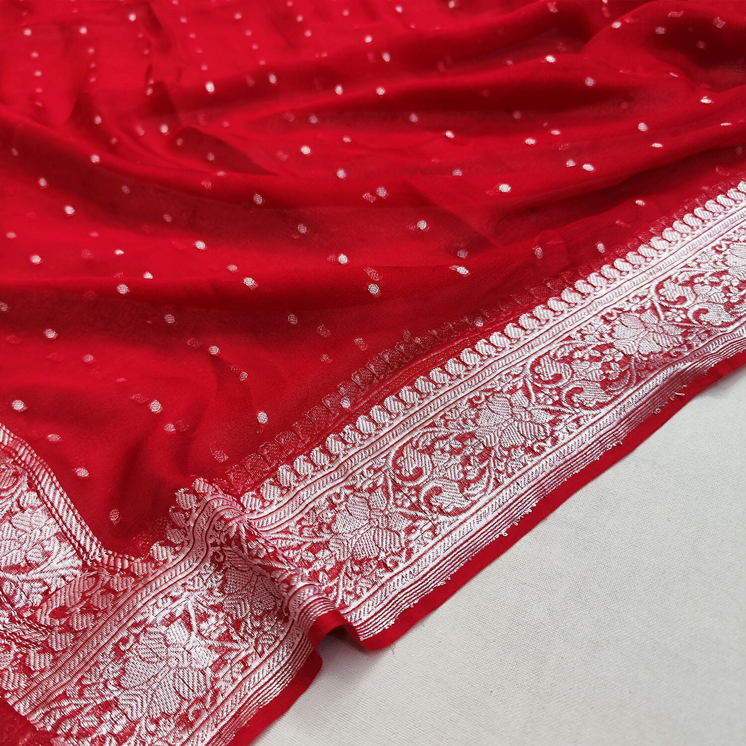 Red Handloom Pure Georgette Silk Banarasi Dupatta