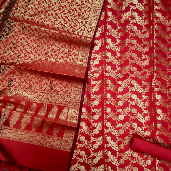 Red Moglai Jaal Satin Silk Banarasi Suit