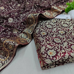 Wine Stone Work Kimkhab Silk Banarasi Gharara
