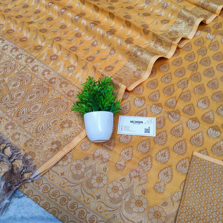 Yellow Resham Zari Cotton Silk Banarasi Suit
