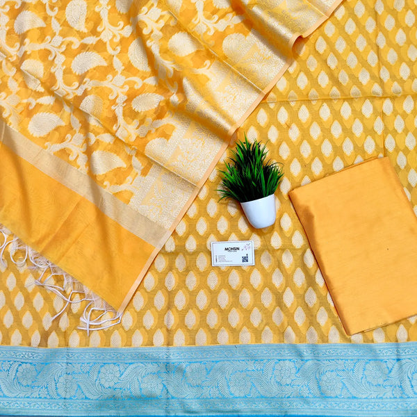 Yellow and Firozi Resham Zari Banarasi Silk Suit