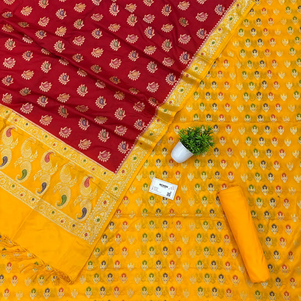 Yellow and Red Golden Zari Katan Silk Banarasi Suit