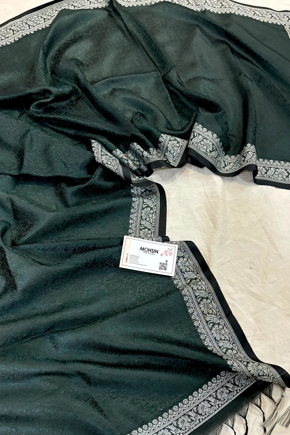 Bottle Green Resham Zari Silk Banarasi Stole