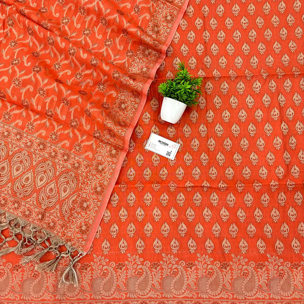 Orange Kacchi Carry Fire Cotton Silk Banarasi Suit