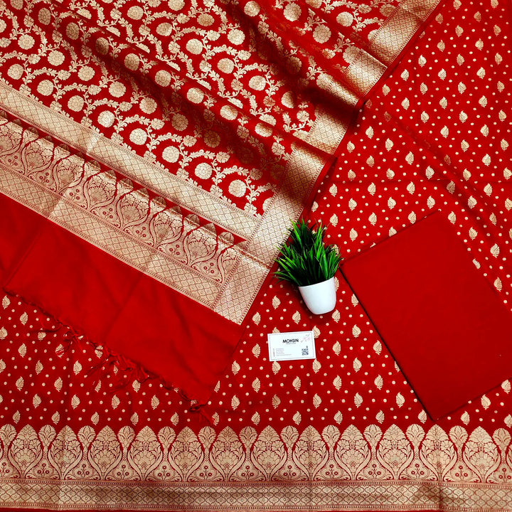 Red Kalli Patta Katan Silk Banarasi Suit