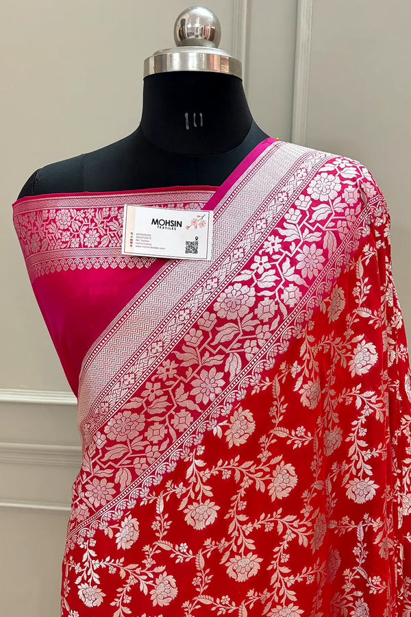 Red and Pink Maharani Jaal Crepe Silk Banarasi Saree