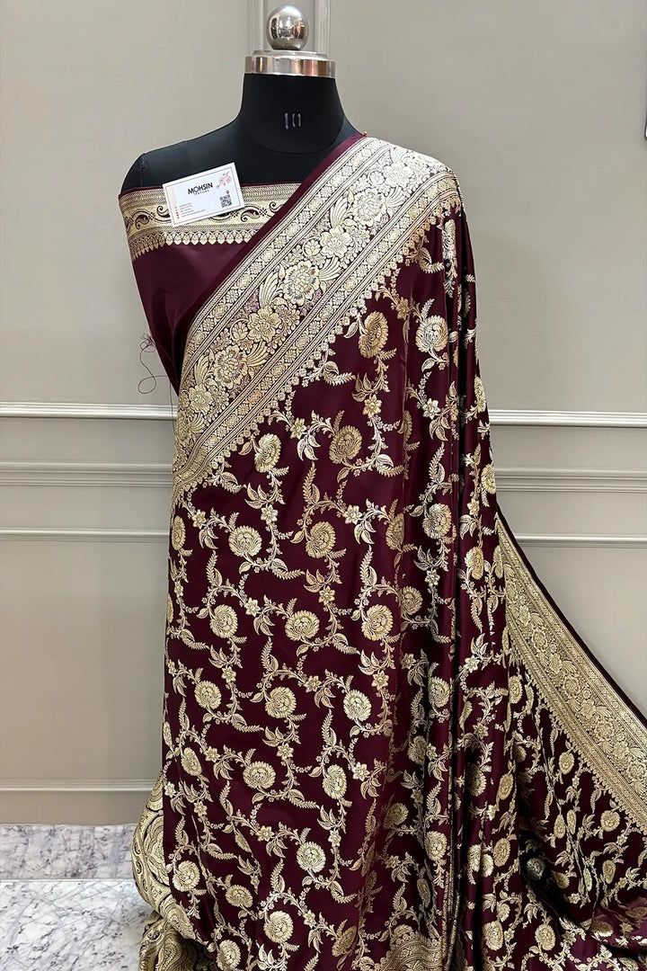 Wine Shahanshahi Jaal Katan Silk Banarasi Saree