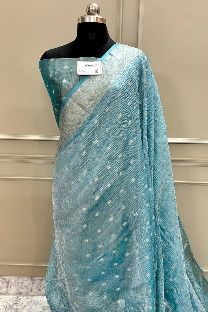 Firozi Dollar Buti Crush Tissue Silk Banarasi Saree