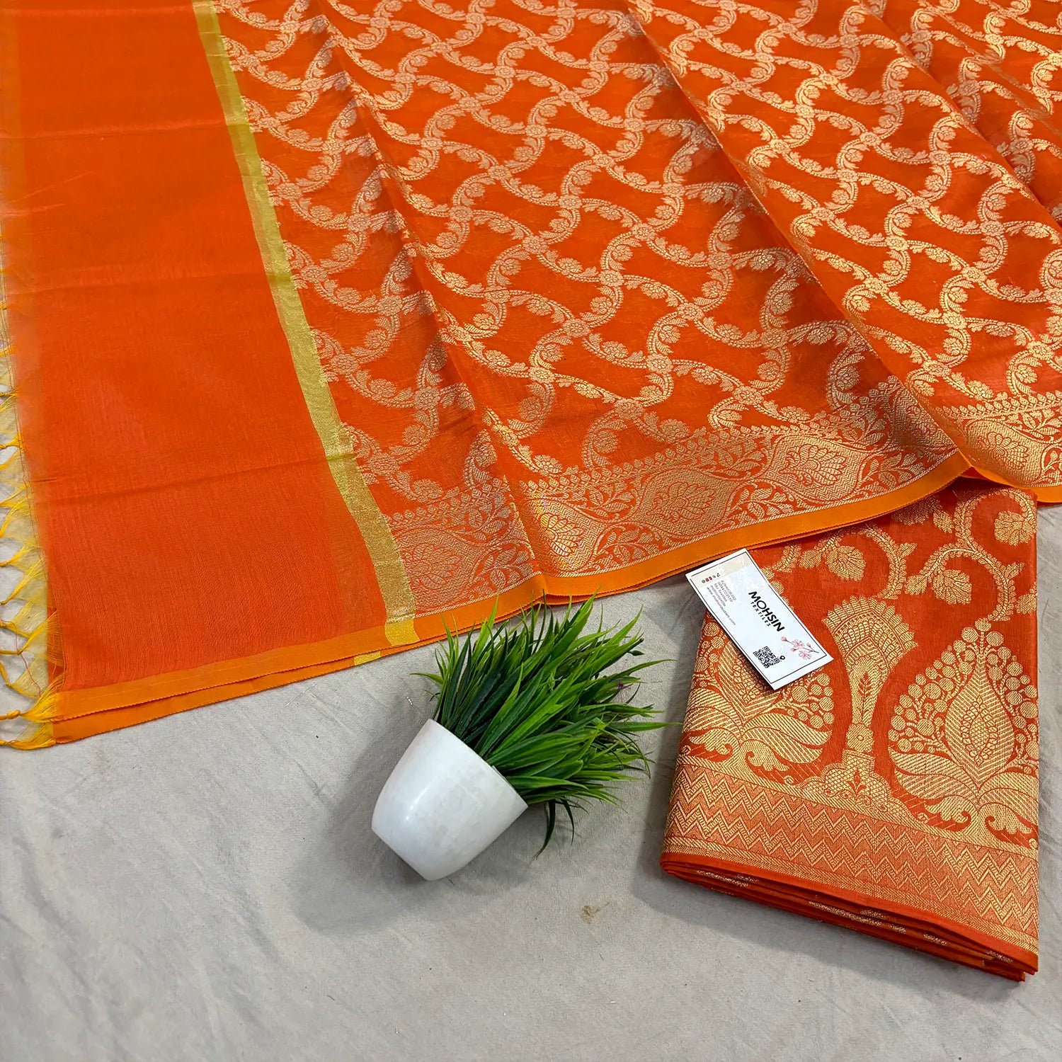 Orange Ikka Jaal Banarasi Silk Suit