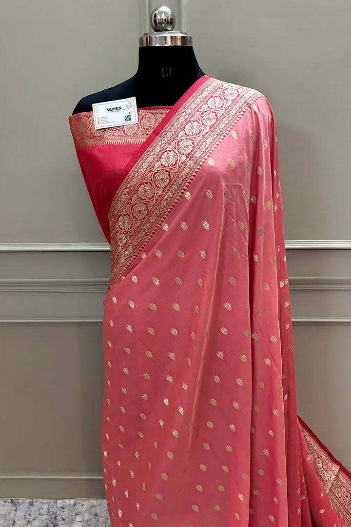 Peach and Strawberry Rudraksha Buti Katan Silk Banarasi Saree