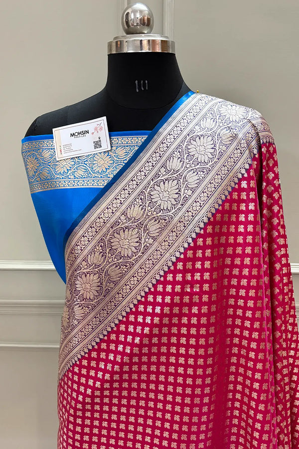 Pink and Blue Chidi Buti Katan Silk Banarasi Saree