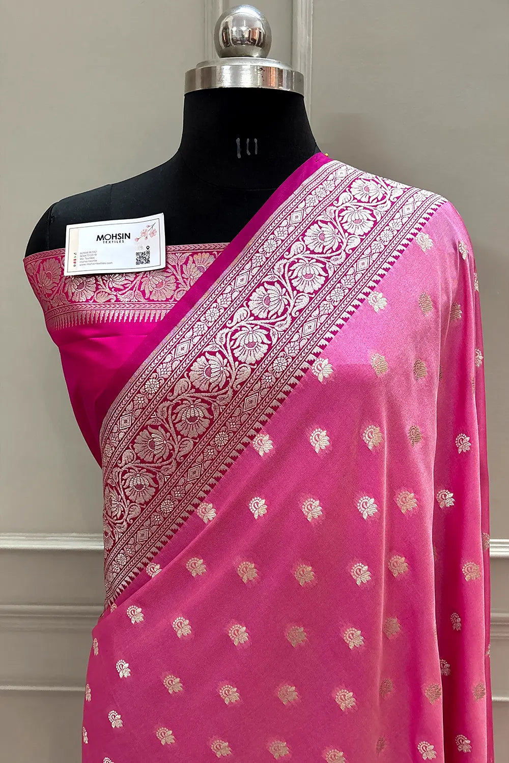 Pink and Rani Ghonga Buti Katan Silk Banarasi Saree