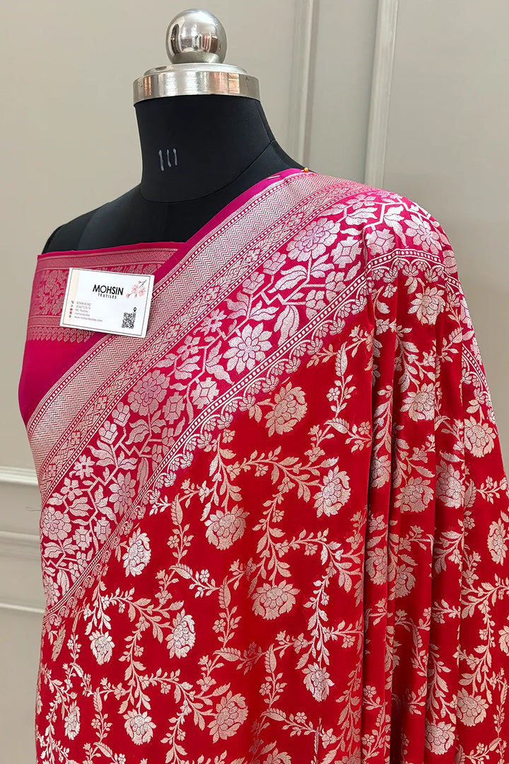 Red and Pink Maharani Jaal Crepe Silk Banarasi Saree