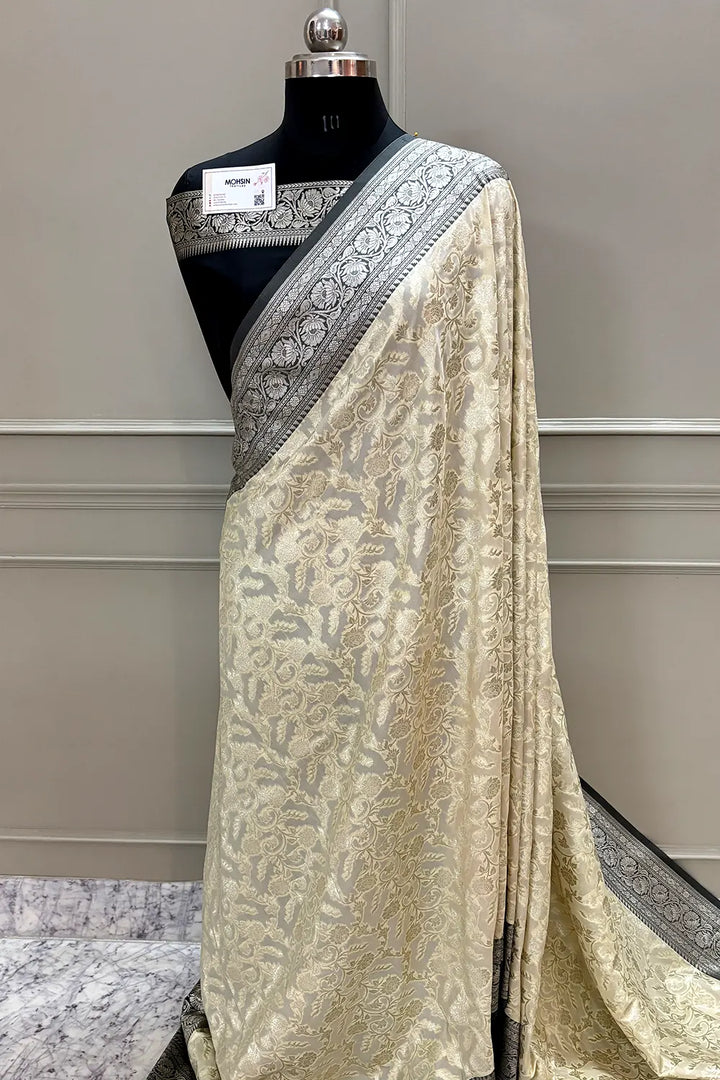 White and Black Gulabi Jaal Katan Silk Banarasi Saree