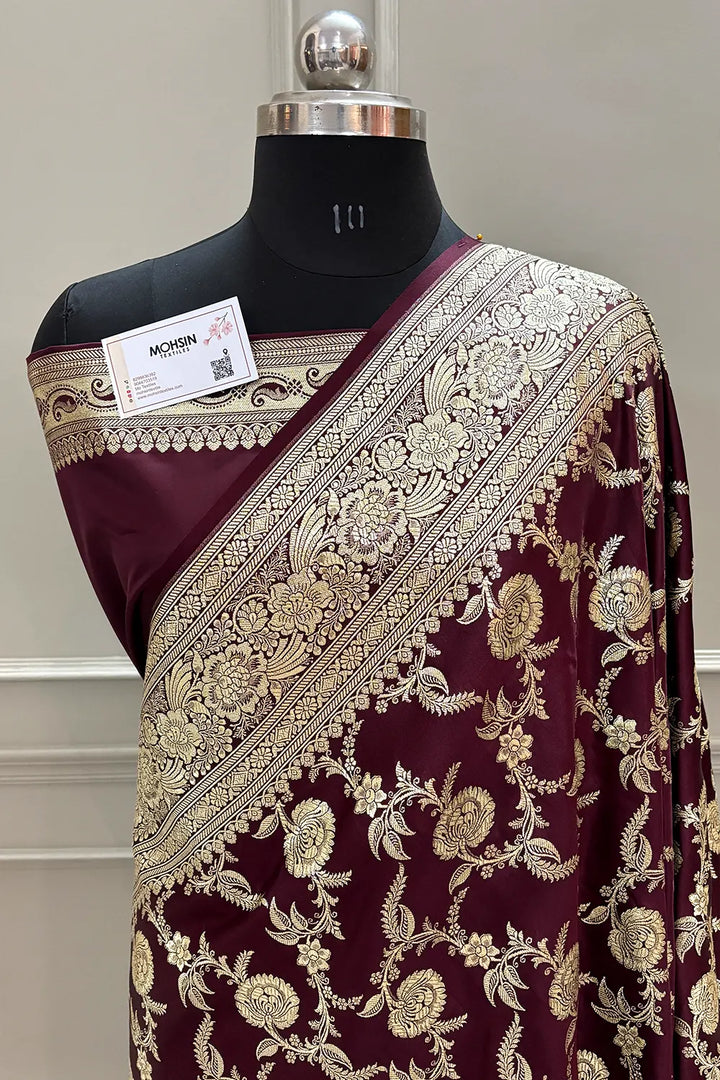 Wine Shahanshahi Jaal Katan Silk Banarasi Saree