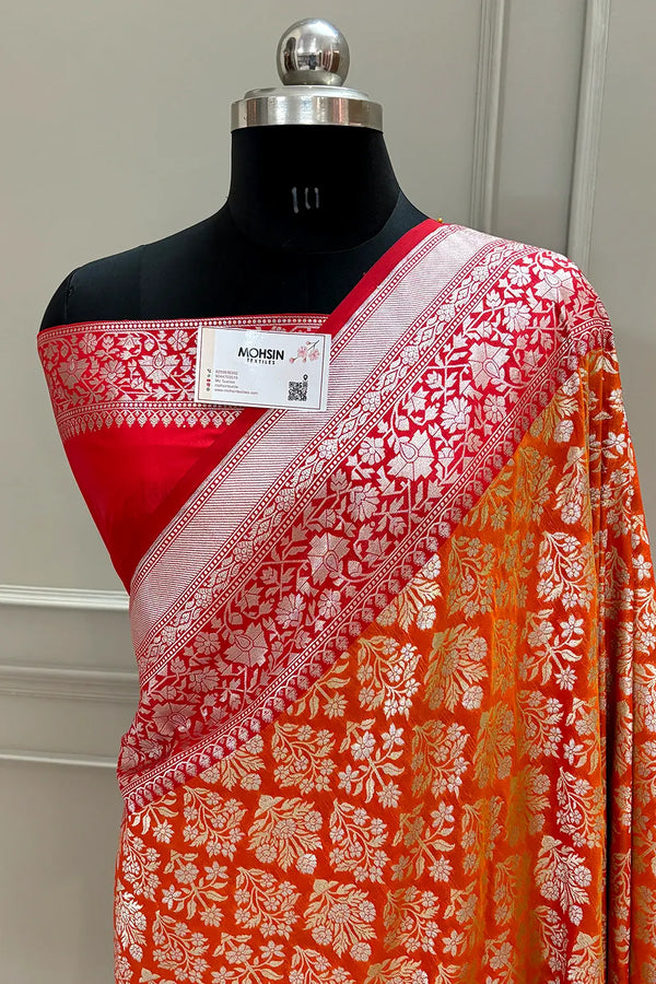 Orange and Red Temple Buta Katan Silk Banarasi Saree