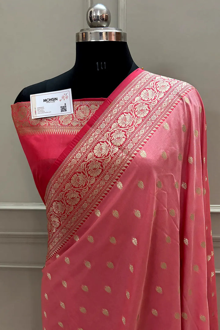 Peach and Strawberry Rudraksha Buti Katan Silk Banarasi Saree