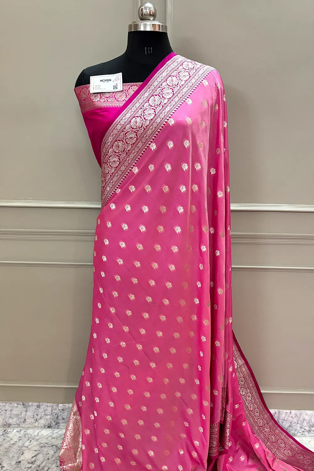 Pink and Rani Ghonga Buti Katan Silk Banarasi Saree