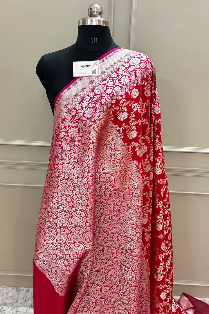 Red and Pink Maharani Jaal Crepe Silk Banarasi Saree