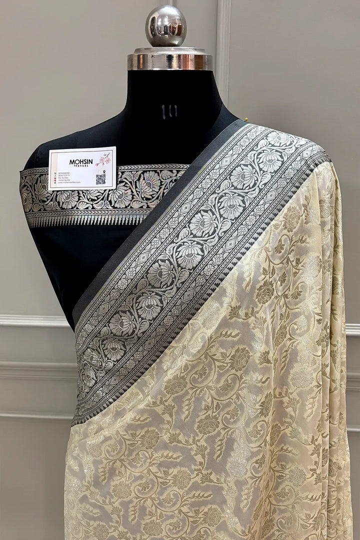 White and Black Gulabi Jaal Katan Silk Banarasi Saree