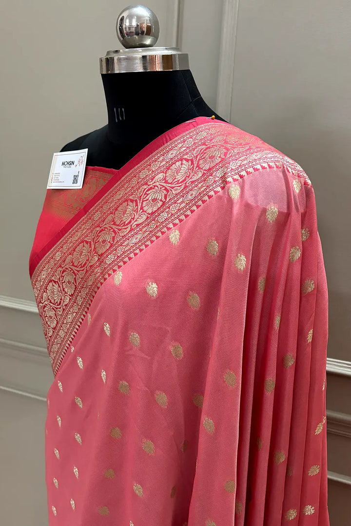 Peach and Strawberry Rudraksha Buti Katan Silk Banarasi Saree