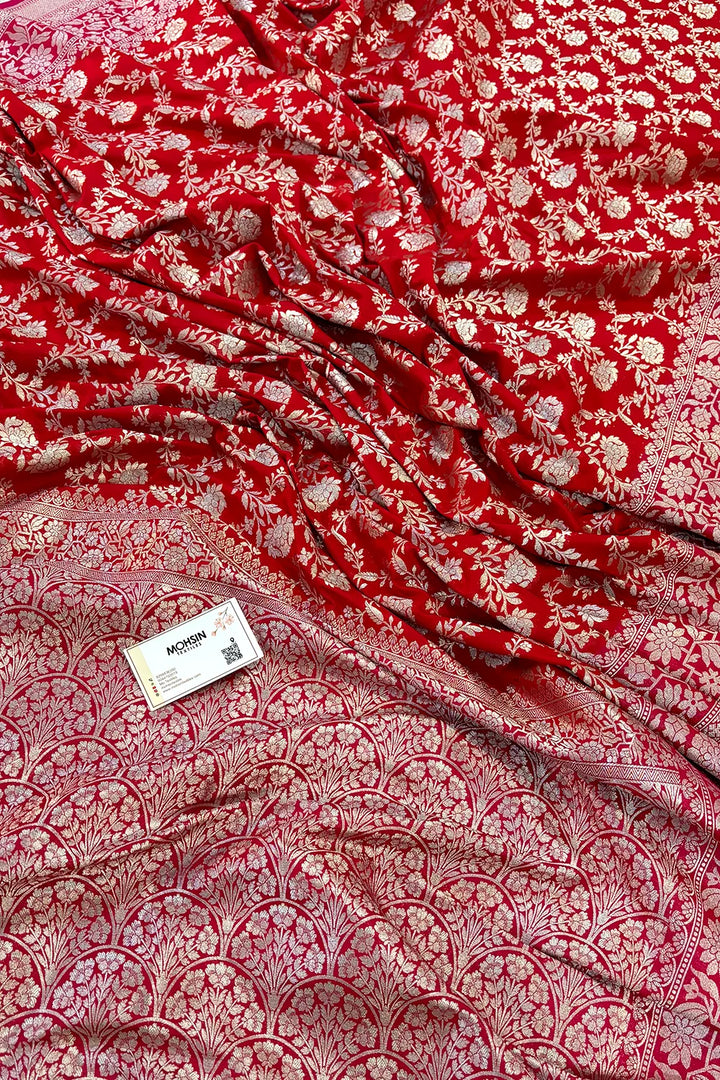 Red and Pink Maharani Jaal Crepe Silk Banarasi Saree