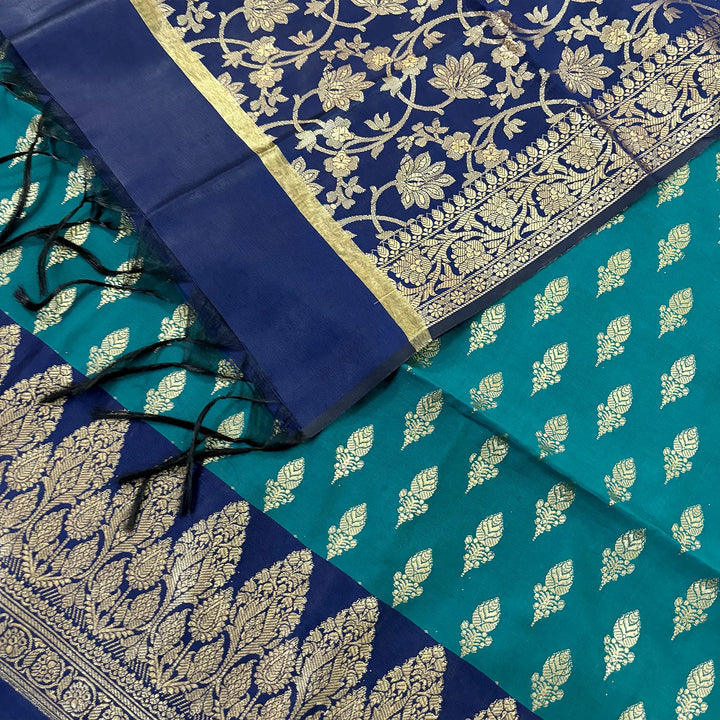 Teal and Navy Blue Parvat Buti Satin Silk Banarasi Suit