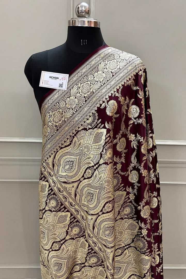 Wine Shahanshahi Jaal Katan Silk Banarasi Saree