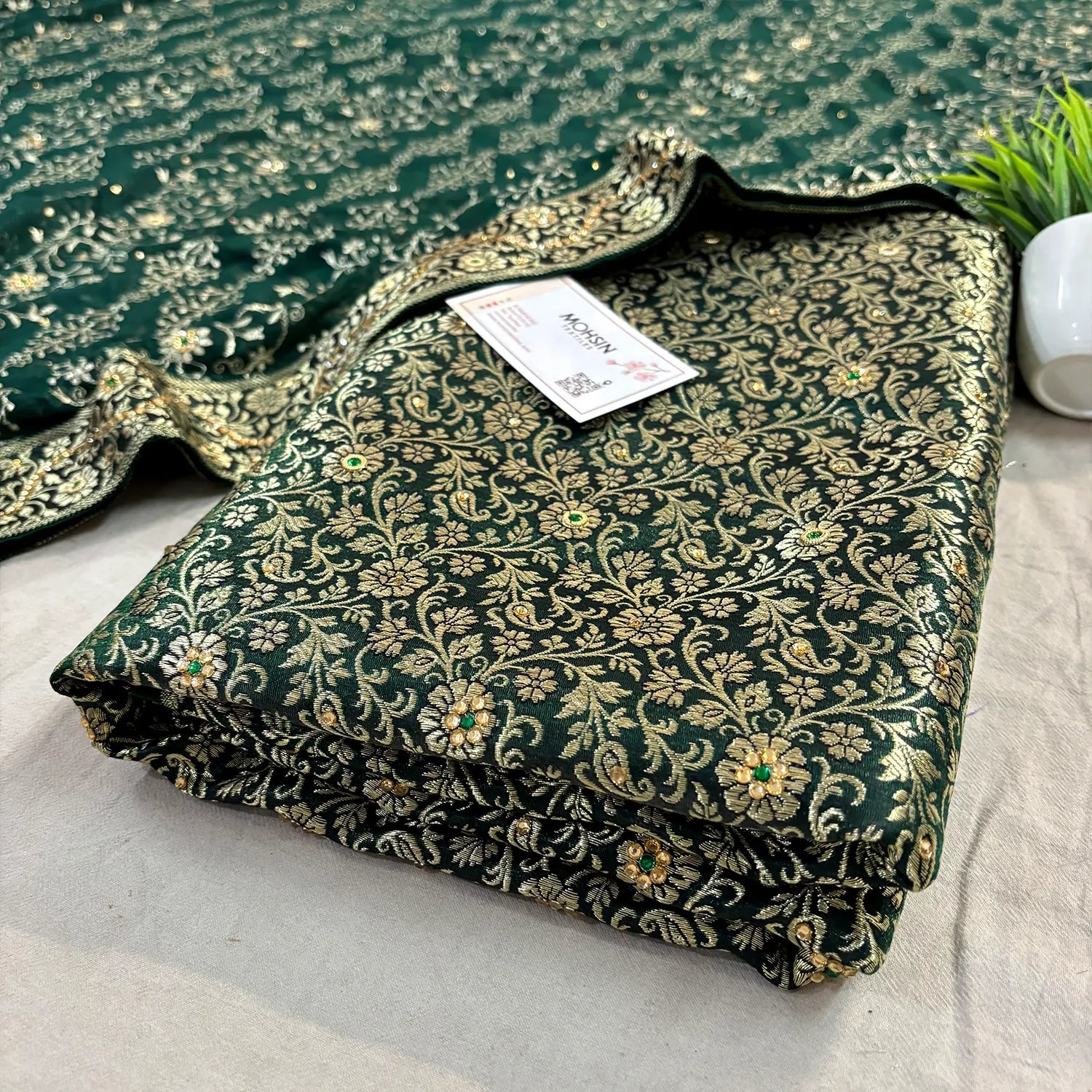 Bottle Green Stone Work Kimkhab Silk Banarasi Gharara