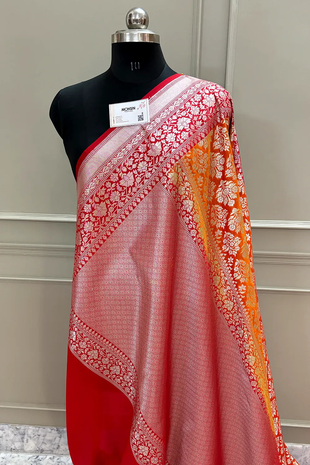 Orange and Red Temple Buta Katan Silk Banarasi Saree