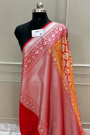 Orange and Red Temple Buta Katan Silk Banarasi Saree