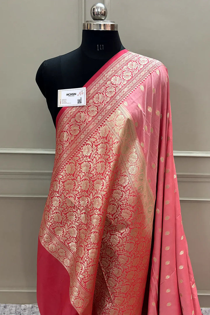 Peach and Strawberry Rudraksha Buti Katan Silk Banarasi Saree