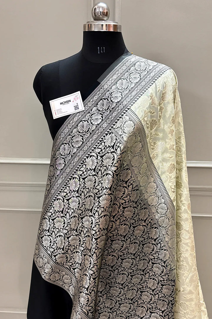 White and Black Gulabi Jaal Katan Silk Banarasi Saree