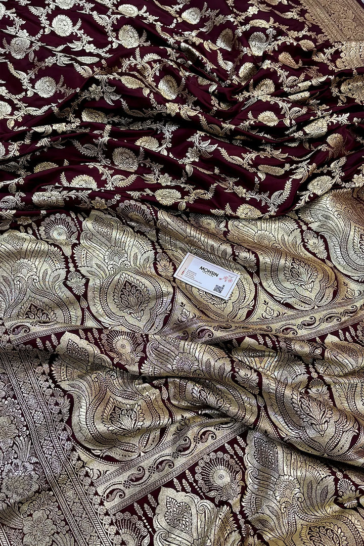 Wine Shahanshahi Jaal Katan Silk Banarasi Saree