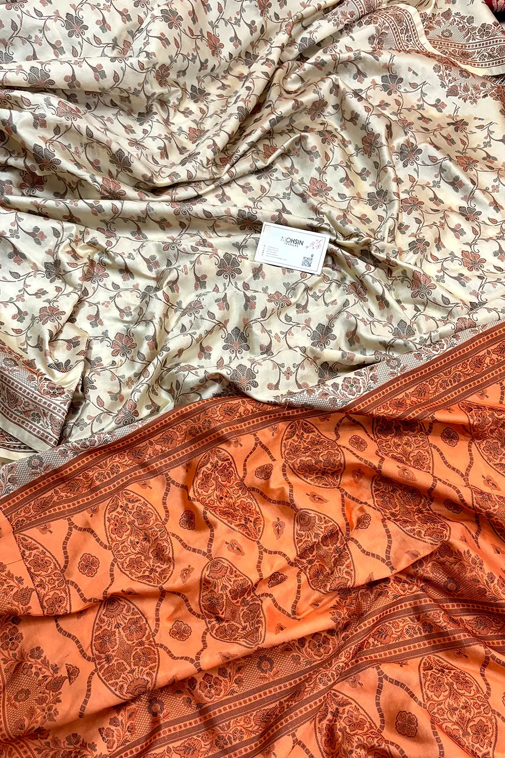 Beige and Orange Resham Silk Banarasi Saree