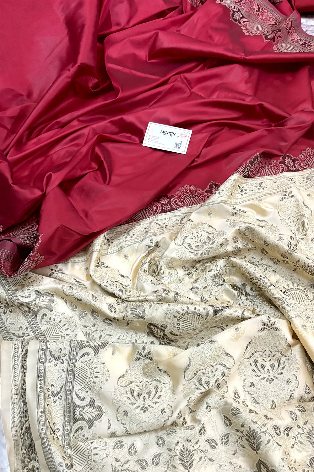 Maroon and Beige Plain Resham Silk Banarasi Saree