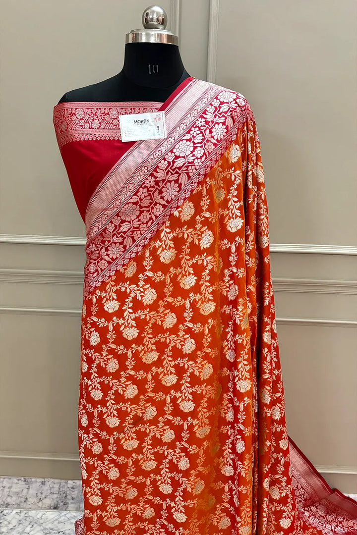 Orange and Red Maharani Jaal Crepe Silk Banarasi Saree