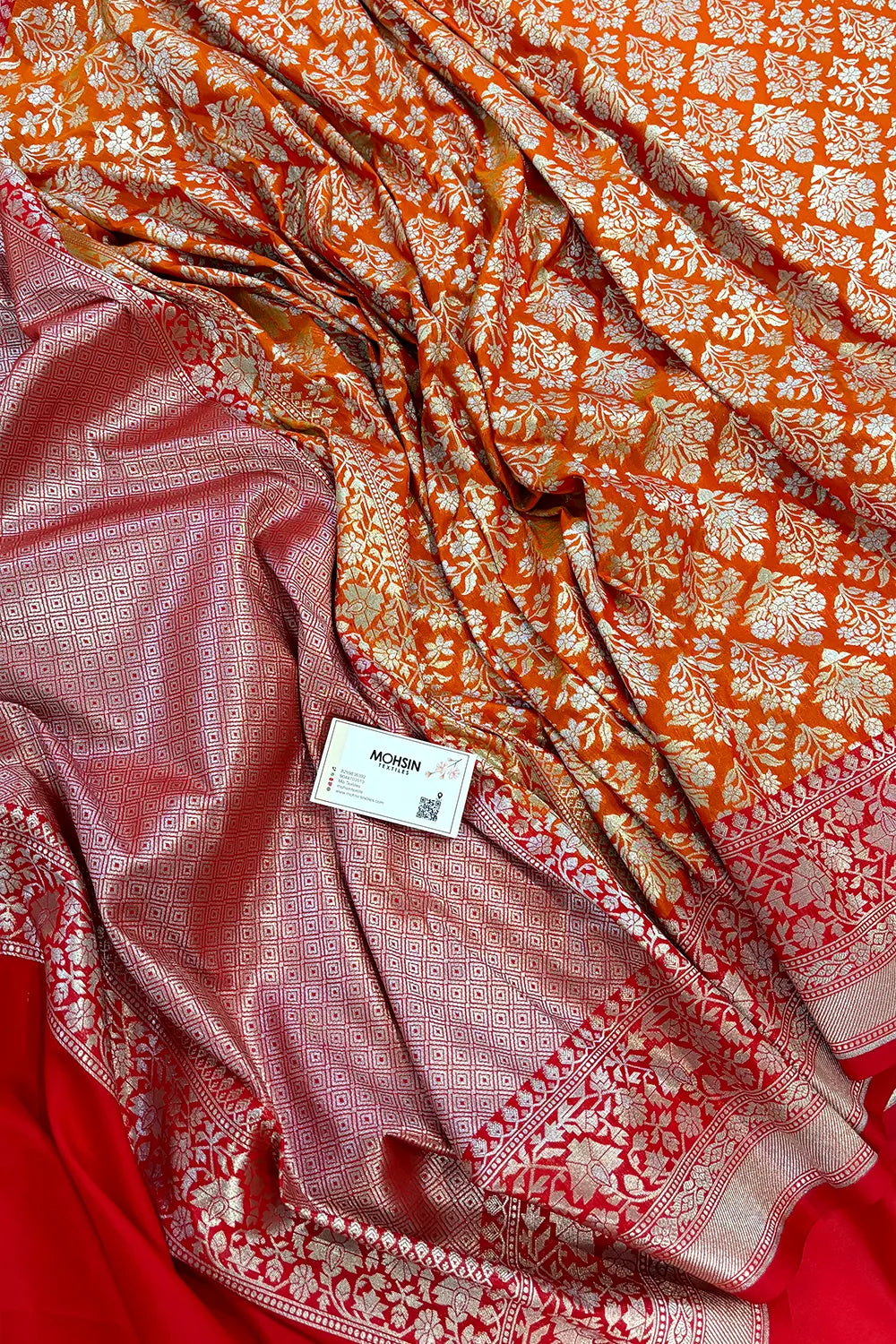 Orange and Red Temple Buta Katan Silk Banarasi Saree