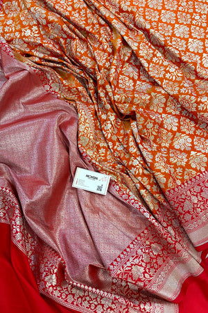 Orange and Red Temple Buta Katan Silk Banarasi Saree