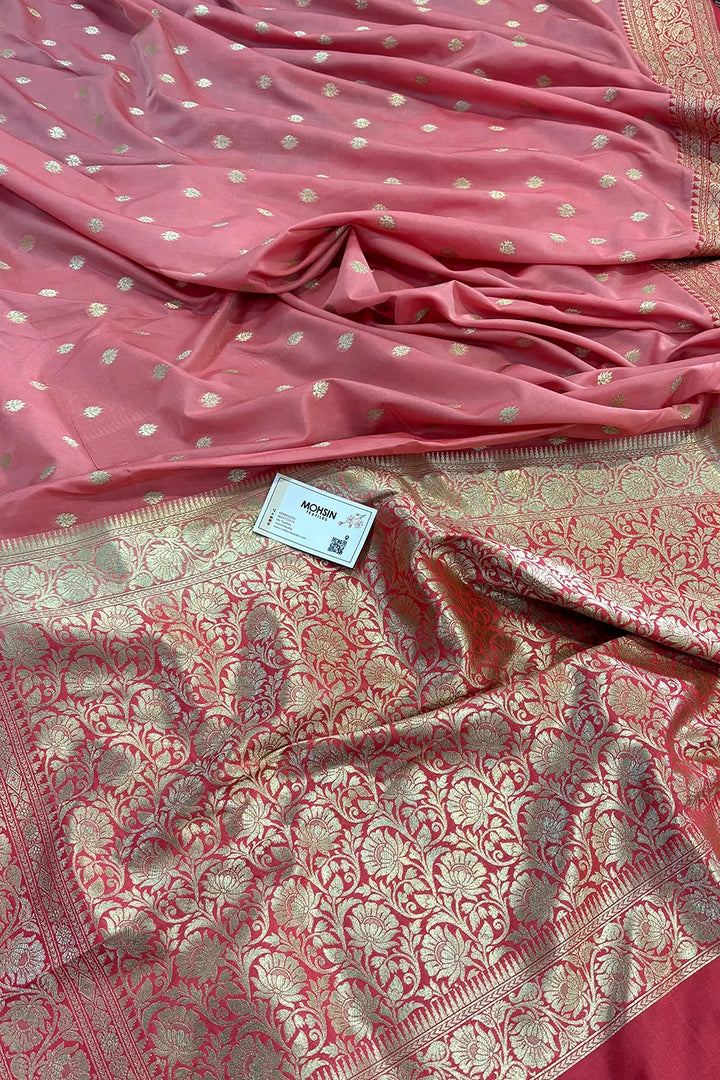 Peach and Strawberry Rudraksha Buti Katan Silk Banarasi Saree