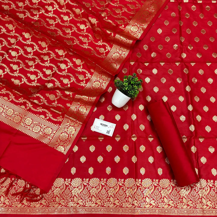 Red Kiyari Buti Satin Silk Banarasi Suit