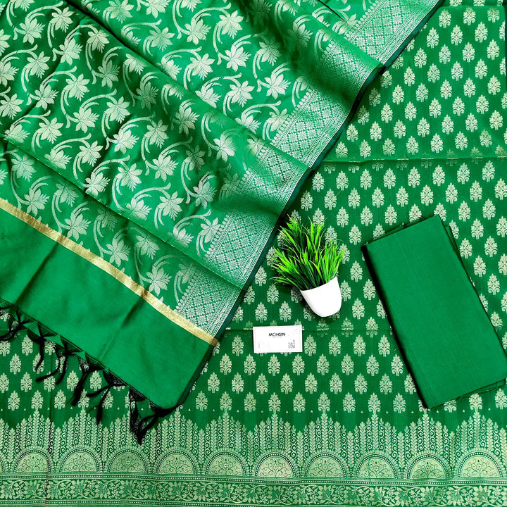 Green Frozen Tree Satin Silk Banarasi Suit