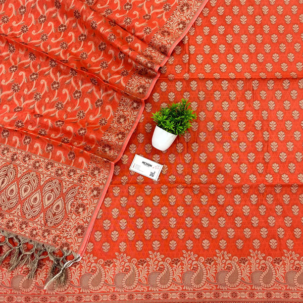 Orange Kacchi Carry Antler Cotton Silk Banarasi Suit
