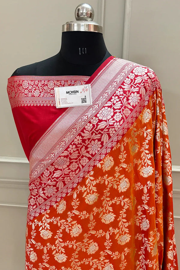 Orange and Red Maharani Jaal Crepe Silk Banarasi Saree